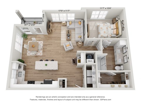 Floor plan for 1 bed, 1 bath, 1021 sqft